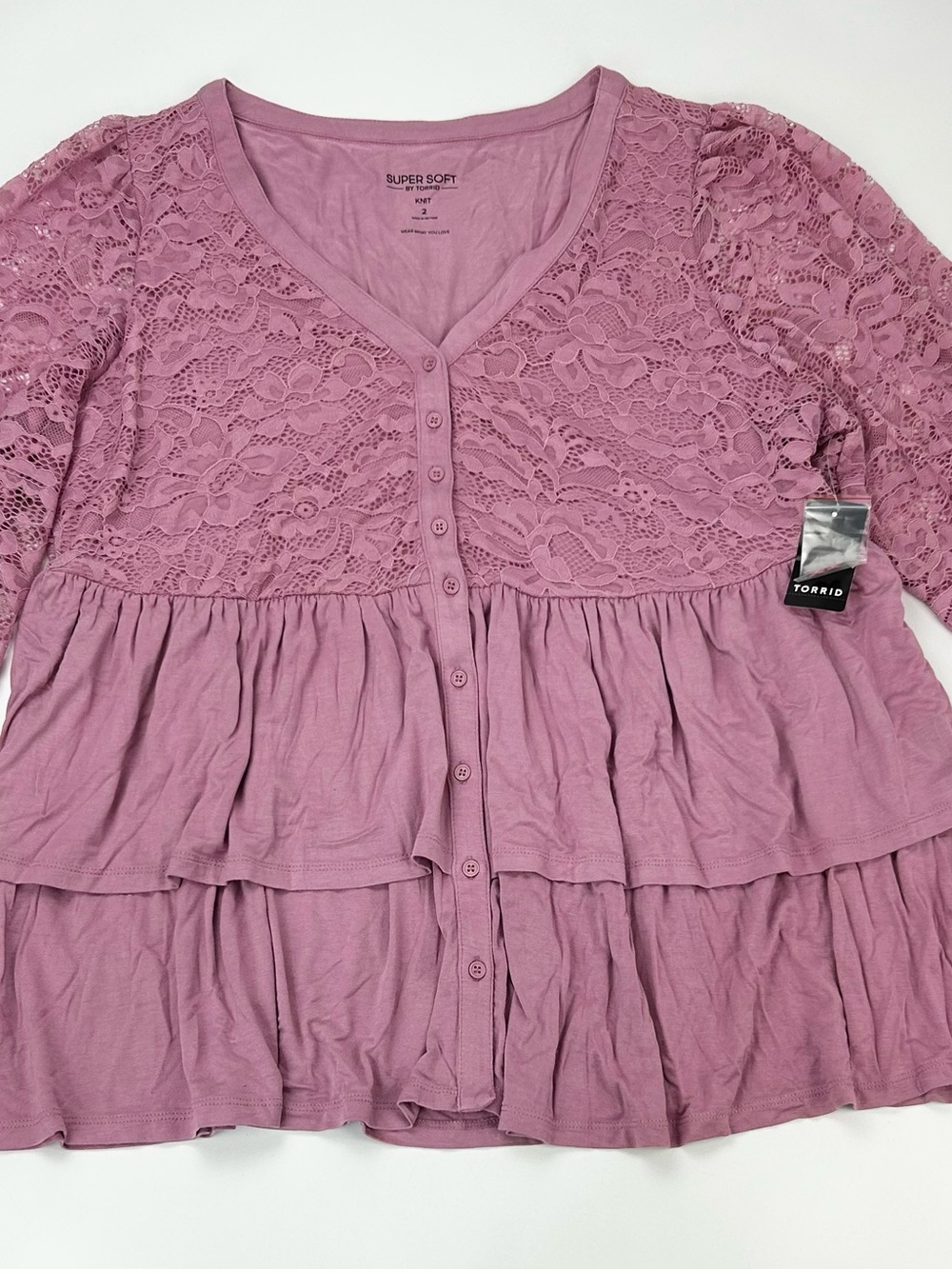 NWT Torrid size 2 Lace Babydoll Tiered Dusty Pink Blouse